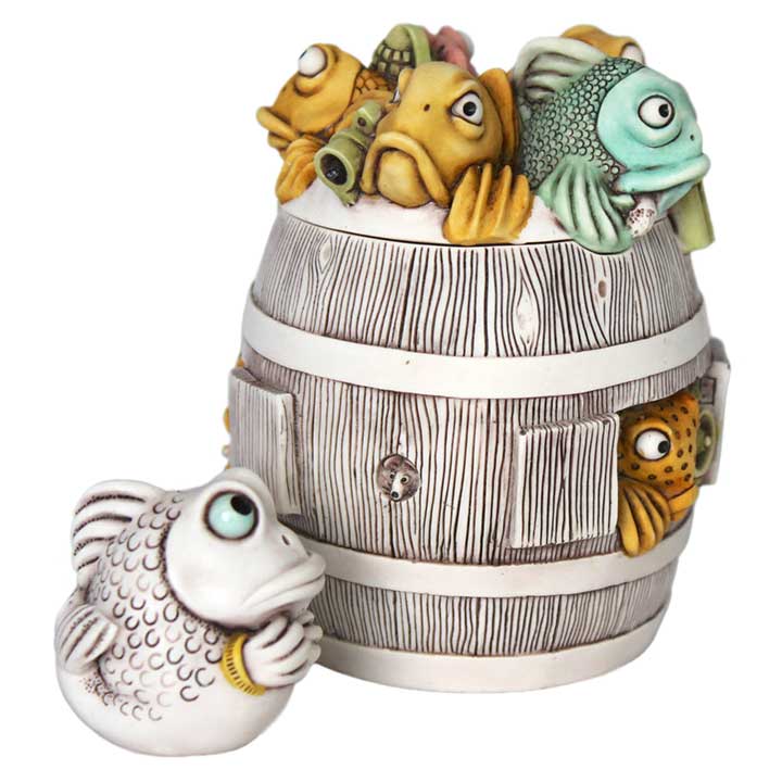 harmony kingdom 2022 firkin hell treasure jest box figurine colorful fish in a barrel holding weapons, mouse in hole in side of barrel, white tiny treasure fish with bracelet