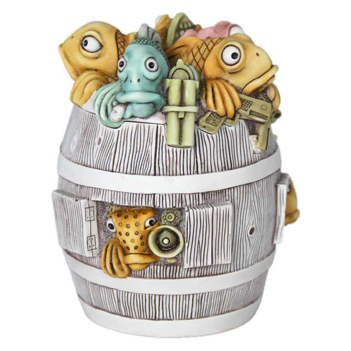 harmony kingdom 2022 firkin hell treasure jest box figurine fish in a barrel showing top multi color fish with assorted weapons, orange fish in window with rocket launcher