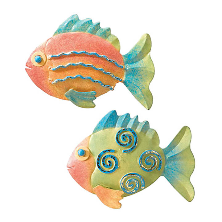 painted metal tropical fish refrigerator magnets facing left - top one with orange body and blue and green fins and tail bottom fish with orange head blue green body fins and tail
