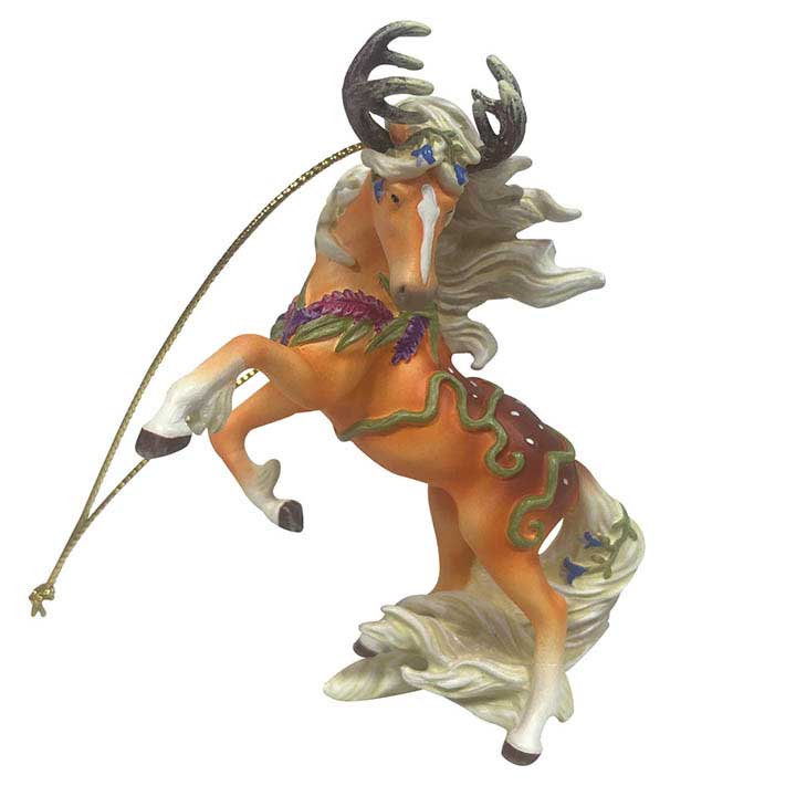 trail of painted ponies forest spirit stallion with deer horns rearing - left side, front face view 