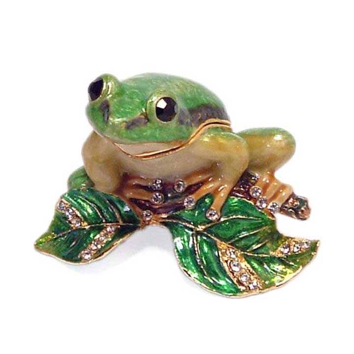 gold accented crystal bejeweled enameled pewter green frog on branch figurine, trinket box - front view