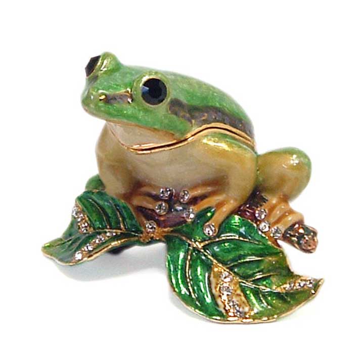 gold accented crystal bejeweled enameled pewter green frog on branch figurine, trinket box - front right side view