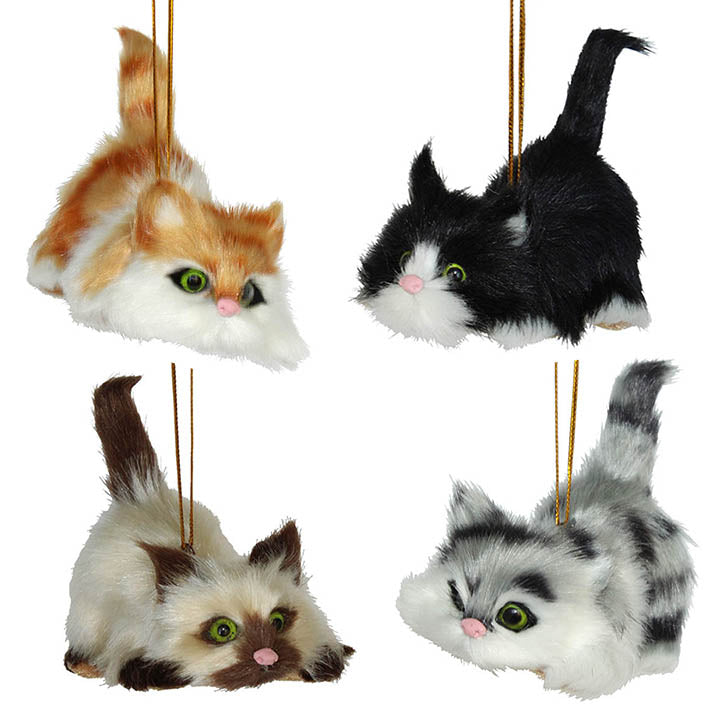 furry kittens ornaments - orange tabby black and white tuxedo siamese gray silver tabby all with green eyes