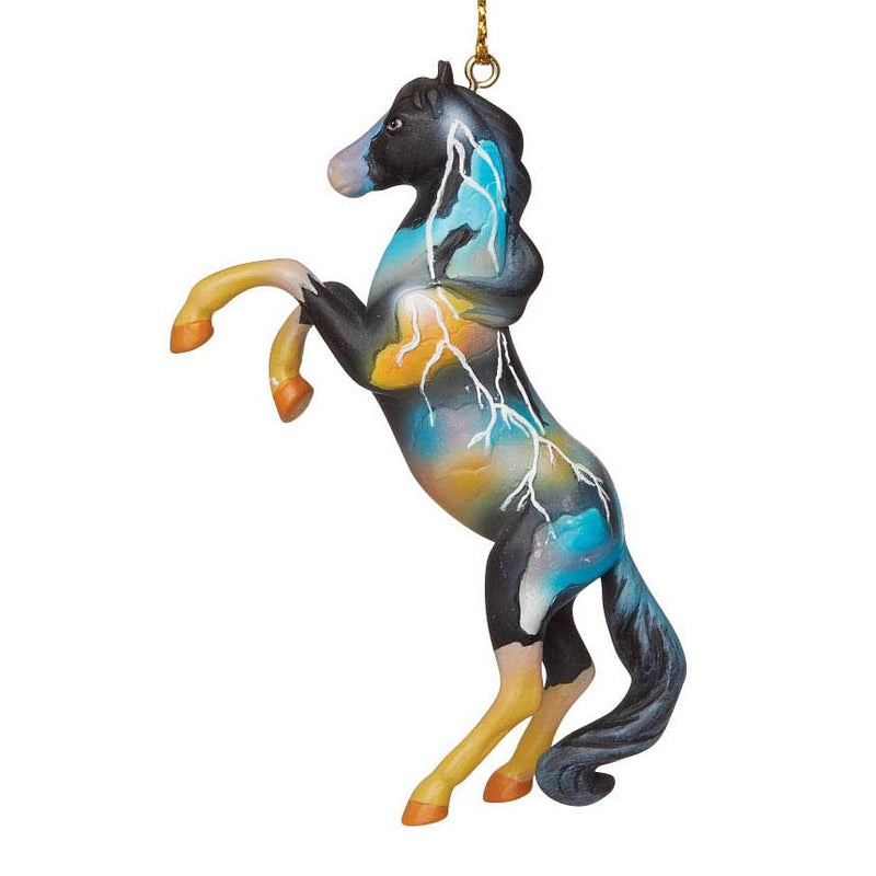 trail of painted ponies fury rearing stallion ornament - left side view, painted black orange yellow blue with white lightning bolts