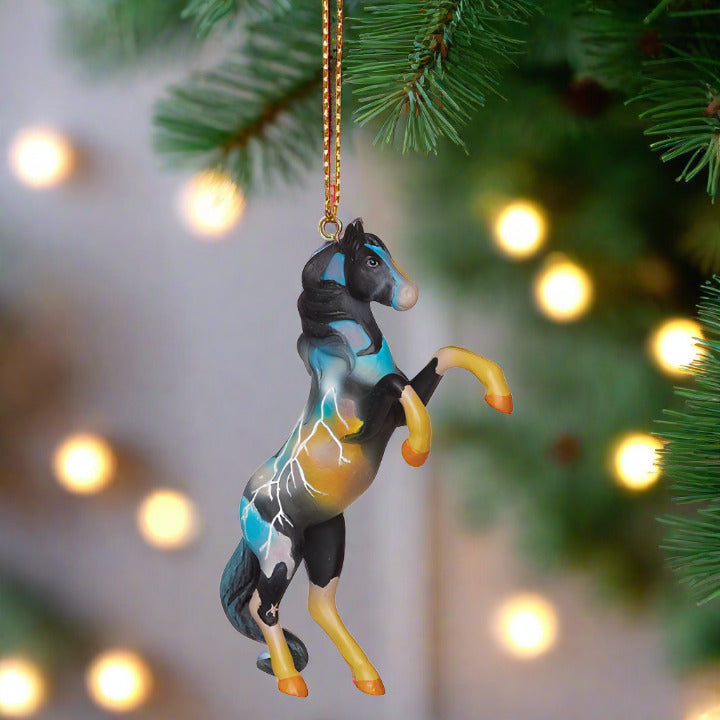 trail of painted ponies fury rearing stallion ornament painted black orange yellow blue with white lightning bolts right side view full hanging length