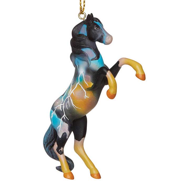 trail of painted ponies 6009162 fury rearing stallion ornament - right side view painted black orange yellow blue with white lightning bolts