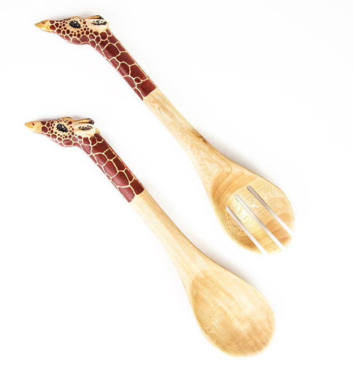 hand painted wood giraffe salad servers, fork and spoon