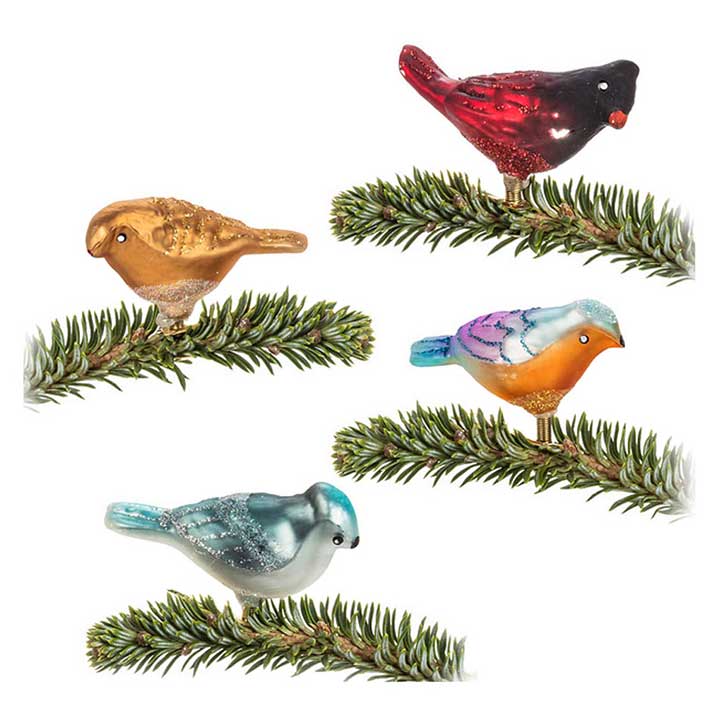 cardinal, finch, songbird, bluejay glass clip-on bird ornaments, christmas decorations