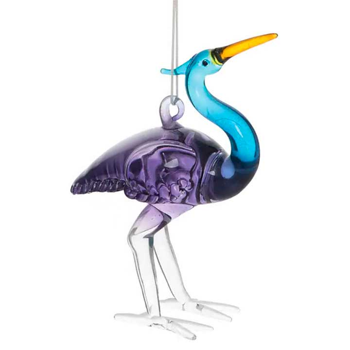 glass heron with purple body, blue neck, yellow beak and white legs ornament - right side view