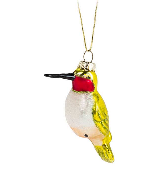 glass ruby throated hummingbird ornament, christmas decoration - left side showing gold hanging cord