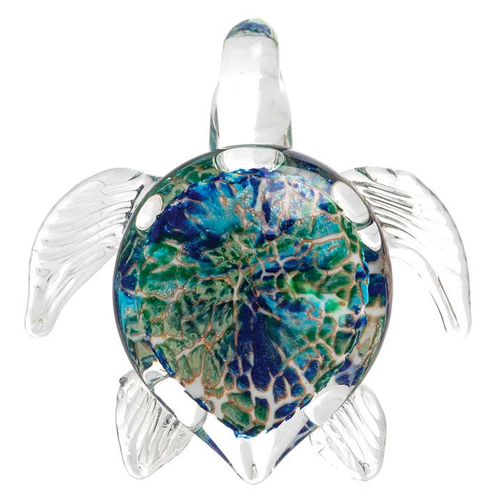 top view  of blown glass sea turtle figurine detailing vibrant blue and green shell