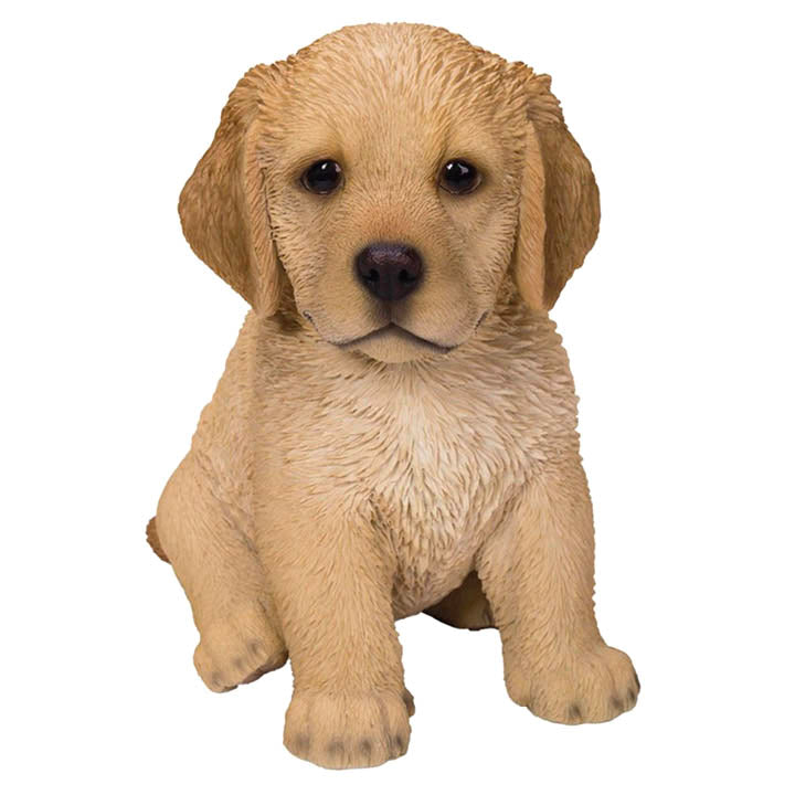 front view of realistic sitting golden retriver puppy with brown eyes figurine
