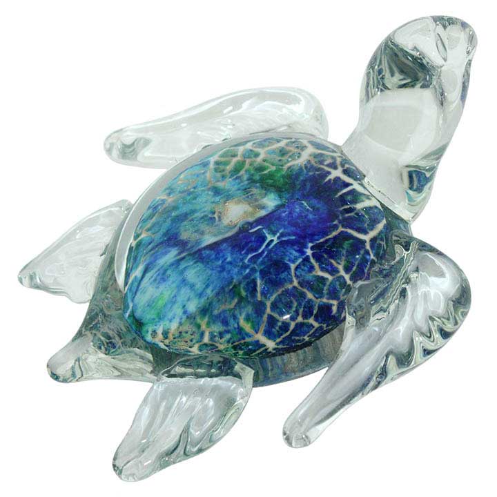 blown glass sea turtle figurine with vibrant blue and green shell and clear legs and head right side view