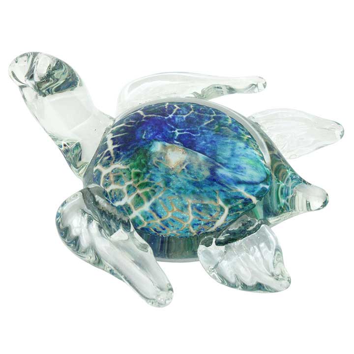 blown glass sea turtle figurine with vibrant blue and green shell and clear legs and head left side view