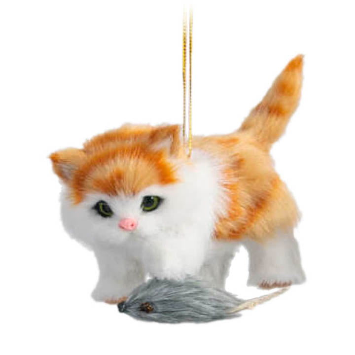 furry ginger kitten with mouse ornament