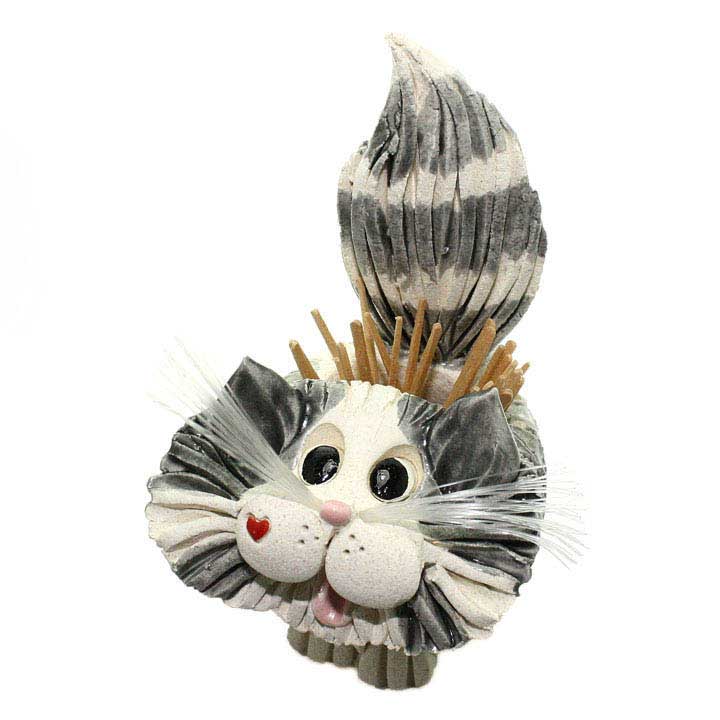 ceramic gray and white longhair cat with red heart on right cheek figurine toothpick holder - front, left side view with toothpicks