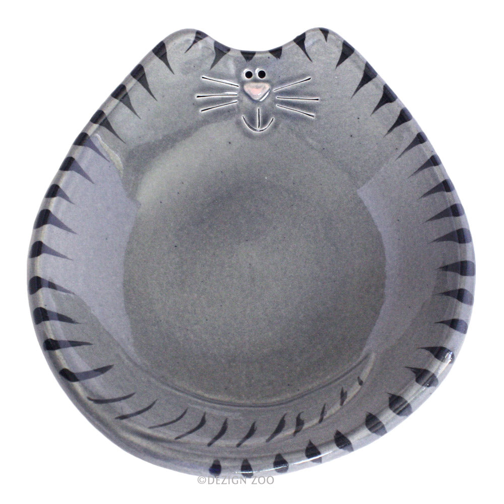 handmade glazed ceramic gray with black stripes tabby cat with pink nose feeding bowl treat dish