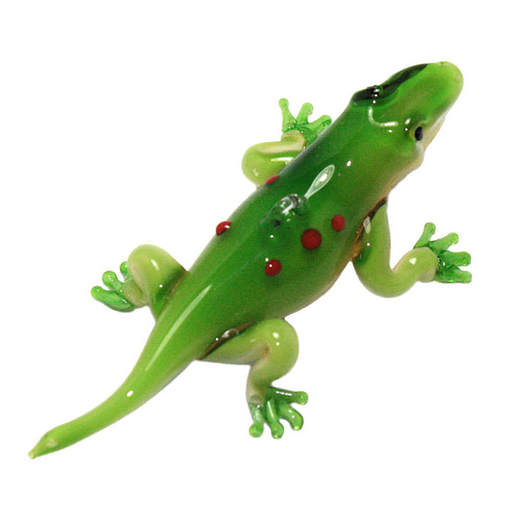 glass green gecko with red spots on back ornament