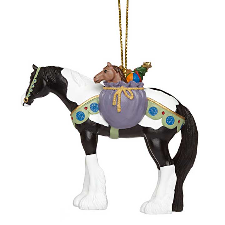 trail of painted ponies 4046342 gypsy winter dreams ornament - left side view showing other side of bag of toy hanging from saddle