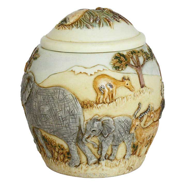 harmony ball / kingdom hakuna matata jardina lidded cachepot jar showing baby elephant holding on to mother elephant tail with antelope