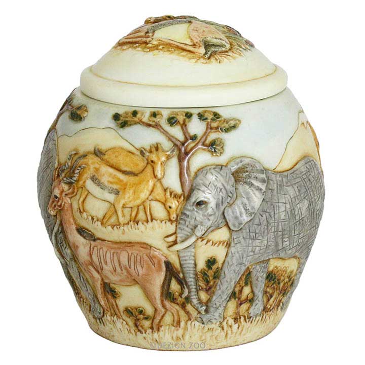 harmony ball / kingdom hakuna matata jardina lidded cachepot jar showing elephant, antelope and gazelle