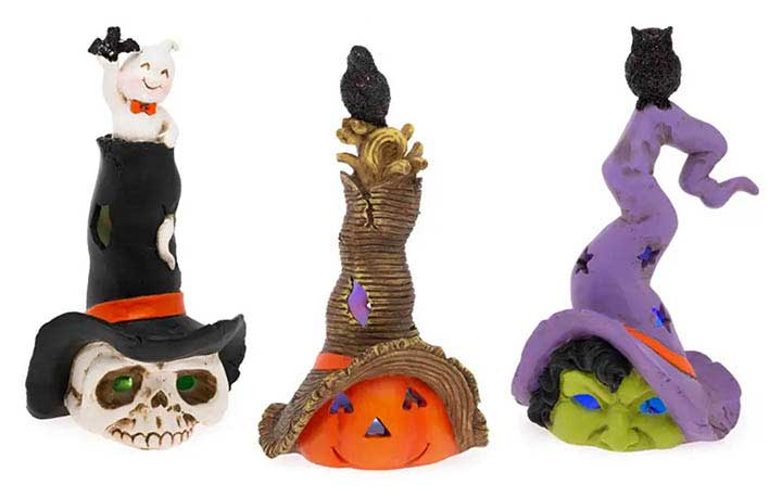 Halloween Hats LED Pumpkin, Skeleton, Witch Figurines, detail image showing ghost on skeleton's hat, crow on pumpkin's hat, owl on witches hat, glowing lighted eyes and cut out designs on hats