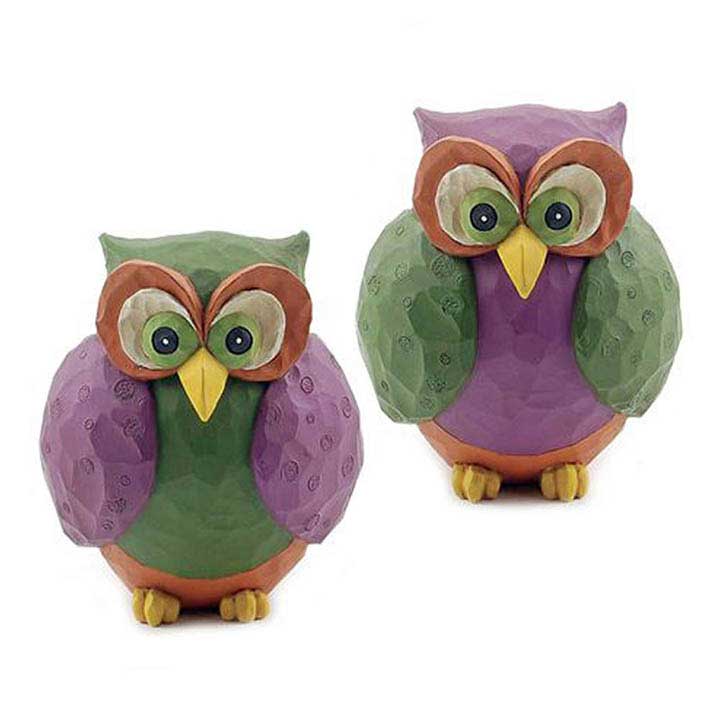 blossom bucket halloween figurines - set of 2 purple green and orange hand painted owls