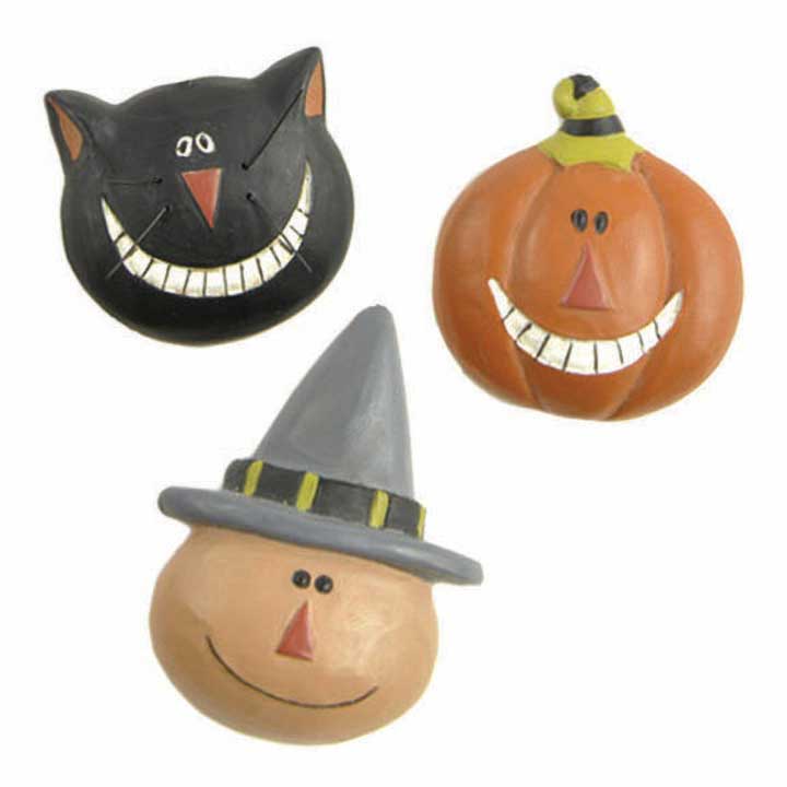 blossom bucket hand painted resin smiling black cat, smiling jack o lantern pumkin, witch in hat halloween costume jewelry pin set