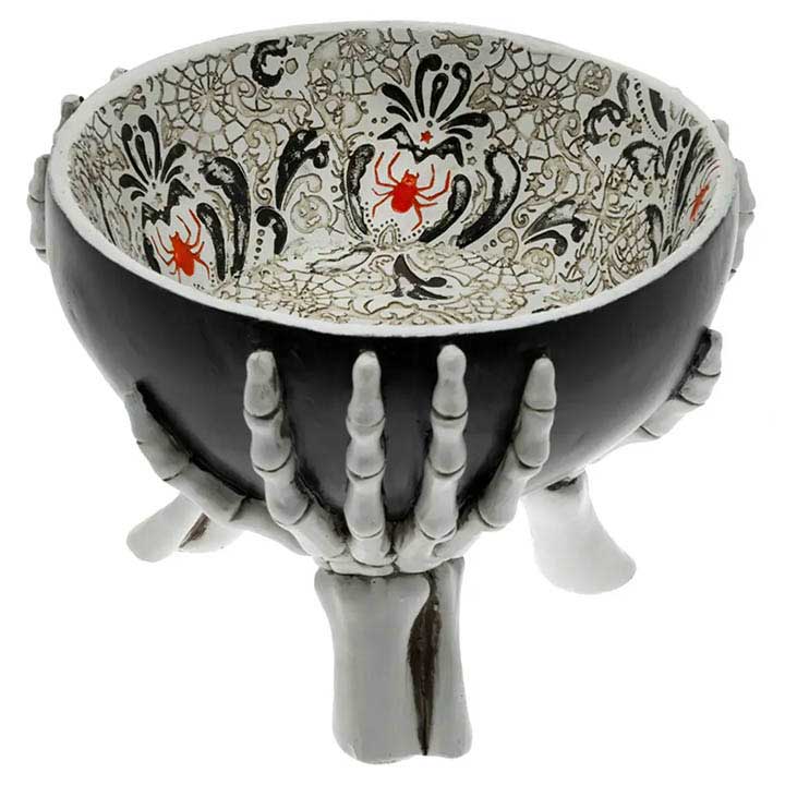 Skeleton Hand and Spider Web Halloween Candy Bowl, image showing skeleton hands holding black bowl on sides and interior of bowl with black and gray web designs and red spiders