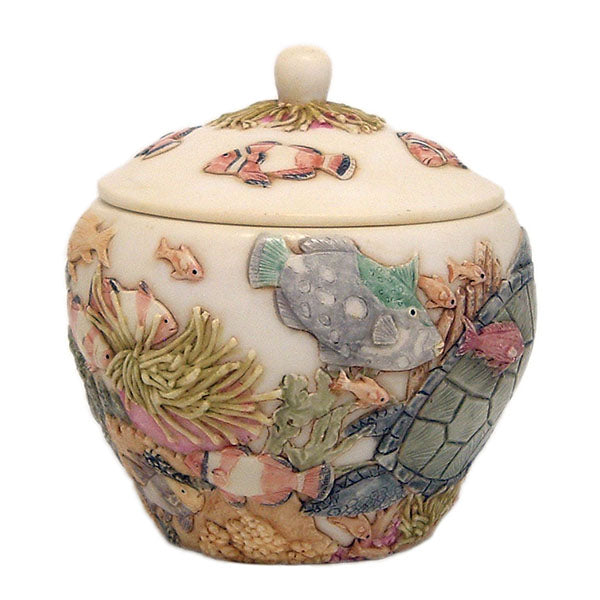 harmony ball kingdom hidden treasures jardinia lidded jar showing tropical fish, coral, sea anemone, sea turtle tail