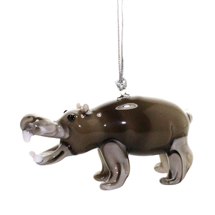 left side view of gray handmade glass hippo figurine hanging ornament