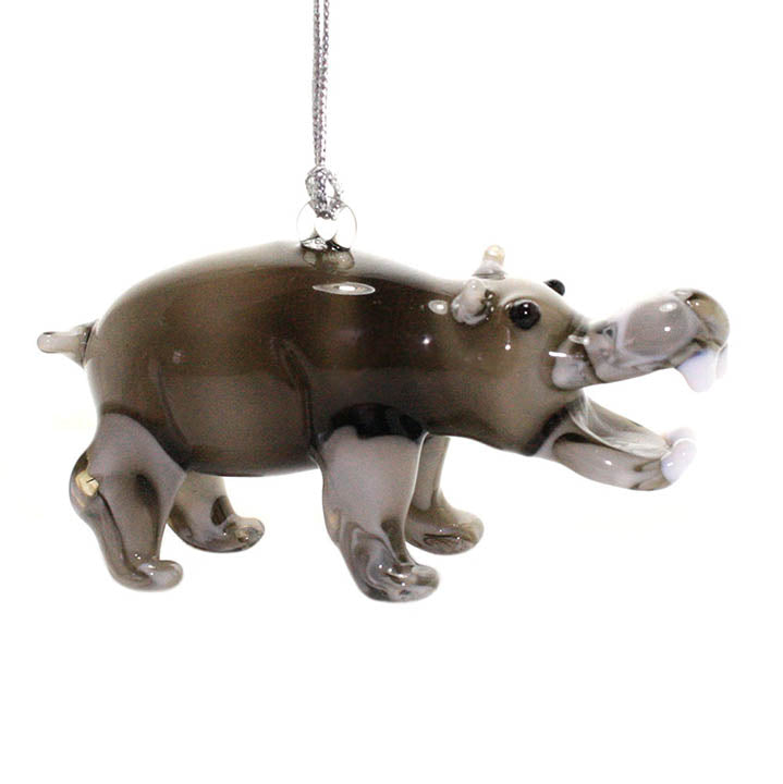 right side view of gray handmade glass hippo figurine ornament