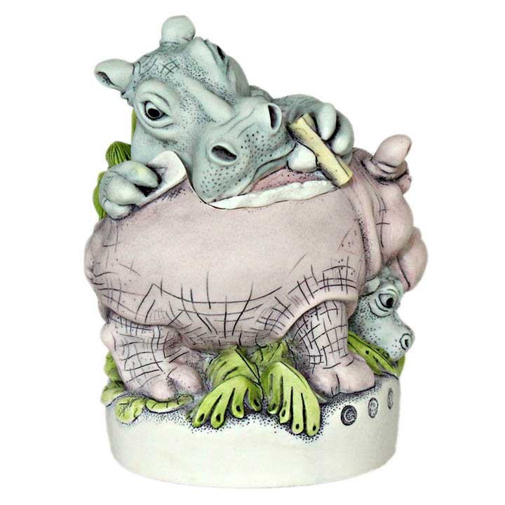 Harmony Kingdom  Hippolotovus Hippopotamus box figurine - image showing blue hippo snorting powder off back of pink hippo, left side of baby under its chin