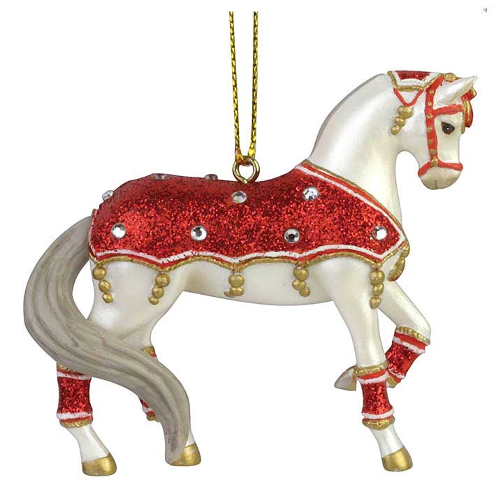 trail of painted ponies 6009526 holiday tapestry gray and white horse with red glitter blanket christmas ornament - right side view