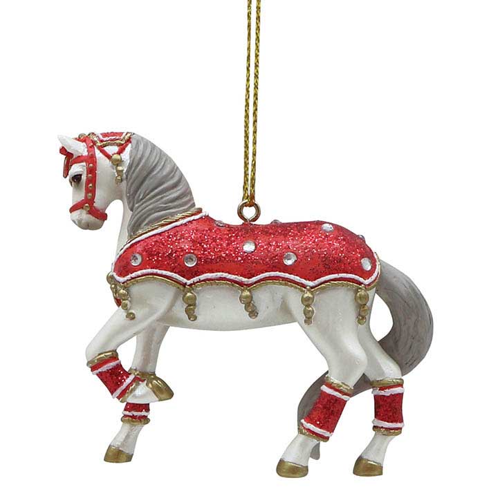 trail of painted ponies holiday tapestry white and gray horse with red glitter blanket ornament - full hanging view