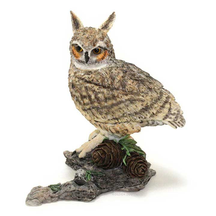 country artists brand figurine of great horned owl sitting on a log with pine bough and pine cones - left side view