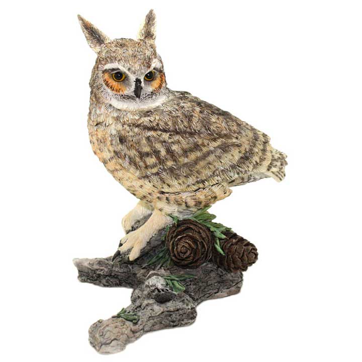 country artists brand figurine of great horned owl left side view facing left sitting on a log with pine bough and pine cones