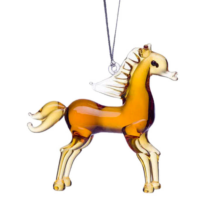 brown glass horse figurine ornament hanging from silver cord