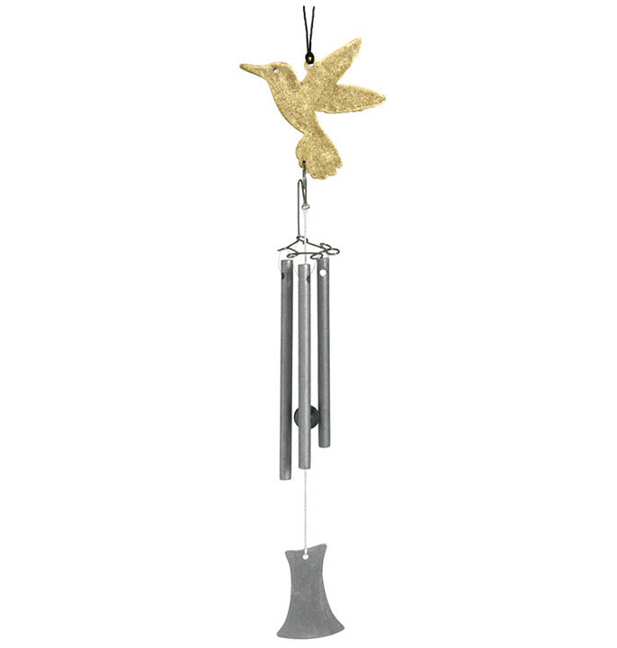brass hummingbird with silver colored musical tubes and clapper hanging wind chimes