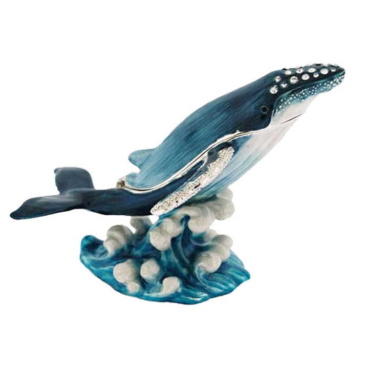 crystal accented enameled pewter blue humpback whale over white capped waves figurine trinket box