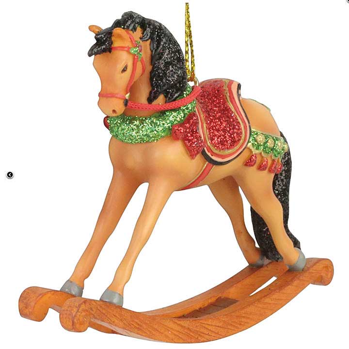trail of painted ponies 6009525 jingle bell rock rocking horse ornament - front, left side view
