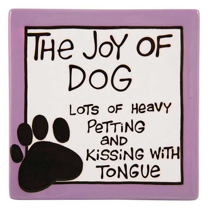 enesco our name is mud joy of dog ceramic plaque, purple frame around white background with black lettering and paw print art