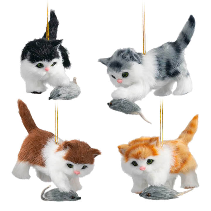 four furry kittens with mice ornaments black and white gray black tabby brown and white orange white tabby