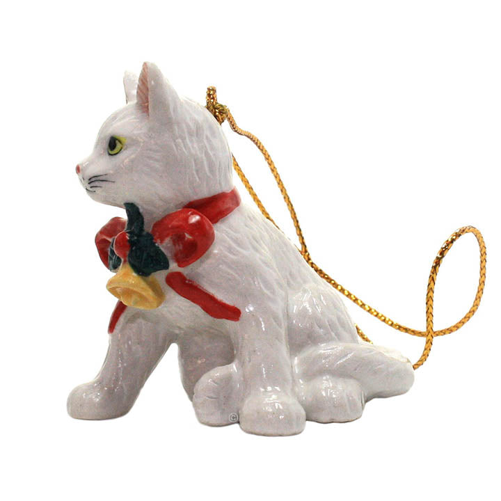 porcelain white kitten with red bow and bell collar ornament left side view
