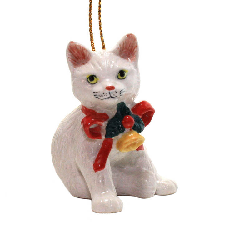 porcelain white kitten with red bow and bell collar christmas ornament