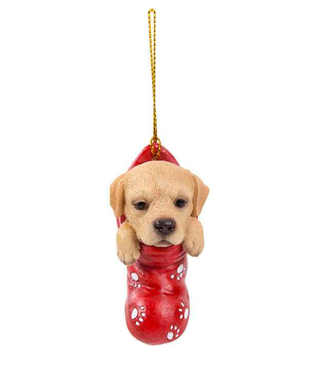 full view of labrador puppy in red stocking with paw print designs christmas ornament hanging from gold colored cord