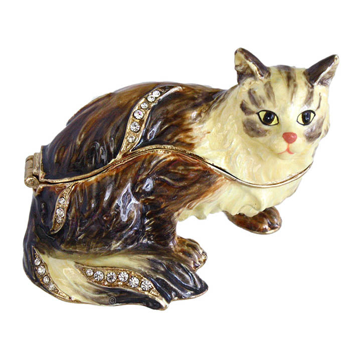 right side view of longhair brown and ivory tabby cat crouching figurine trinket box with crystal accents facing forward right