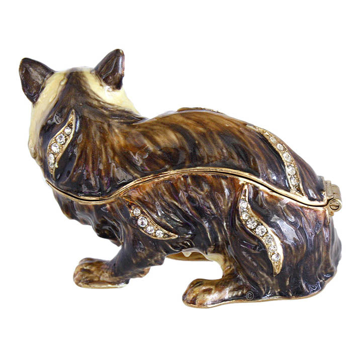 left side view of longhair brown and ivory tabby cat crouching figurine trinket box with crystal accents