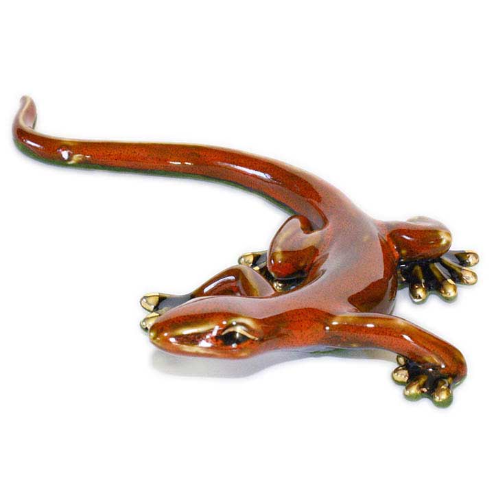 Golden Pond large red ceramic gecko figurine with gold feet - front, top view