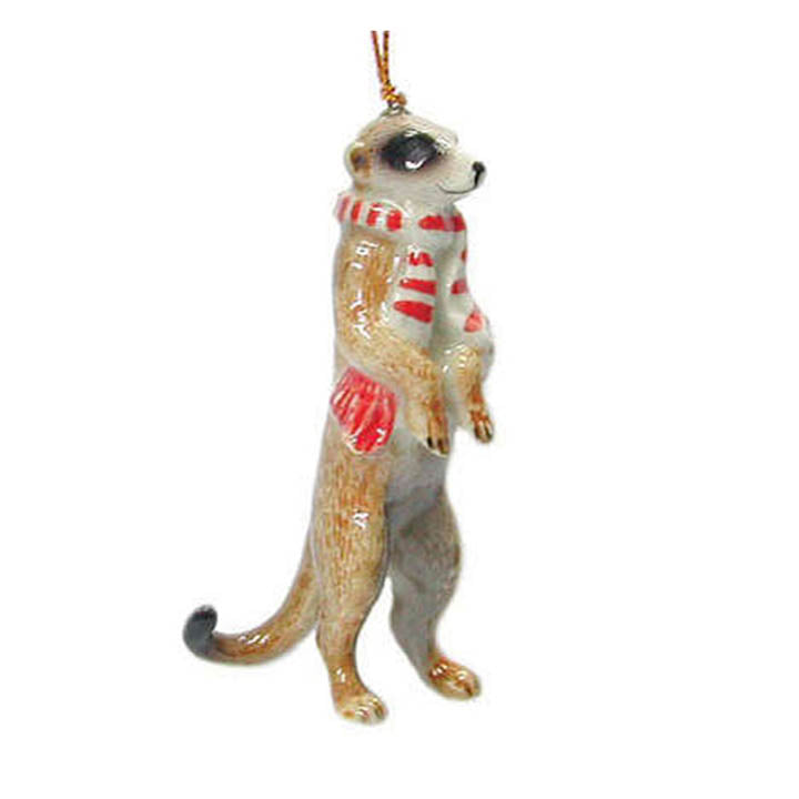 standing meerkat wearing a red and white scarf porcelain christmas ornament front right side view